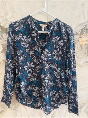 Rebecca Taylor Navy & Teal Floral V-Neck Long Sleeve Top